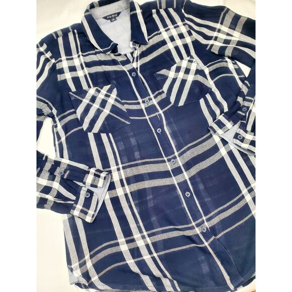 Lucky Brand Top Size M Plaid Boho Blue Viscose Button Up Womens Medium Shirt - Picture 9 of 12